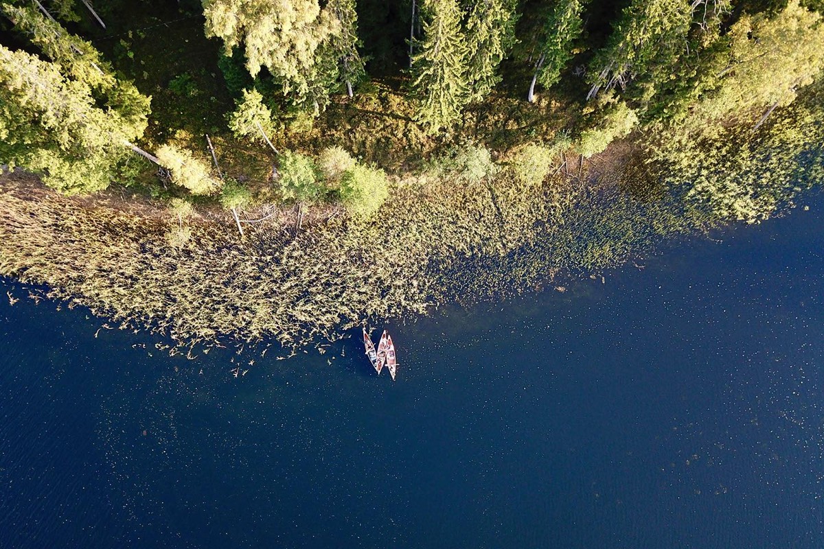 Platelių ežeras ir kanojos iš paukščio skrydžio